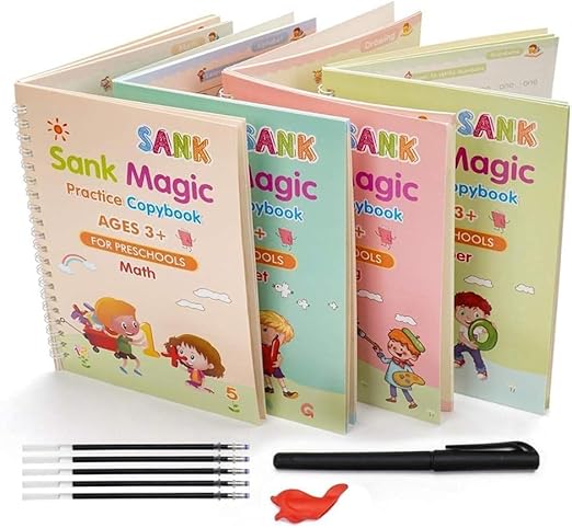 Magic Calligraphy Copybook Set Writing Tool for Kids (4 BOOKS,1 PEN, 1 GRIP, 10 REFILL)