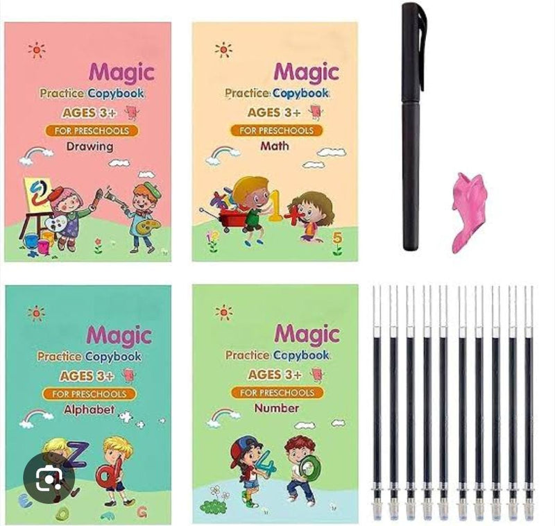 Magic Calligraphy Copybook Set Writing Tool for Kids (4 BOOKS,1 PEN, 1 GRIP, 10 REFILL)
