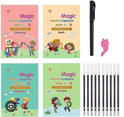 Magic Calligraphy Copybook Set Writing Tool for Kids (4 BOOKS,1 PEN, 1 GRIP, 10 REFILL)