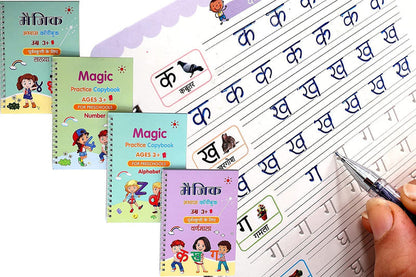 Magic Calligraphy Copybook Set Writing Tool for Kids (4 BOOKS,1 PEN, 1 GRIP, 10 REFILL)